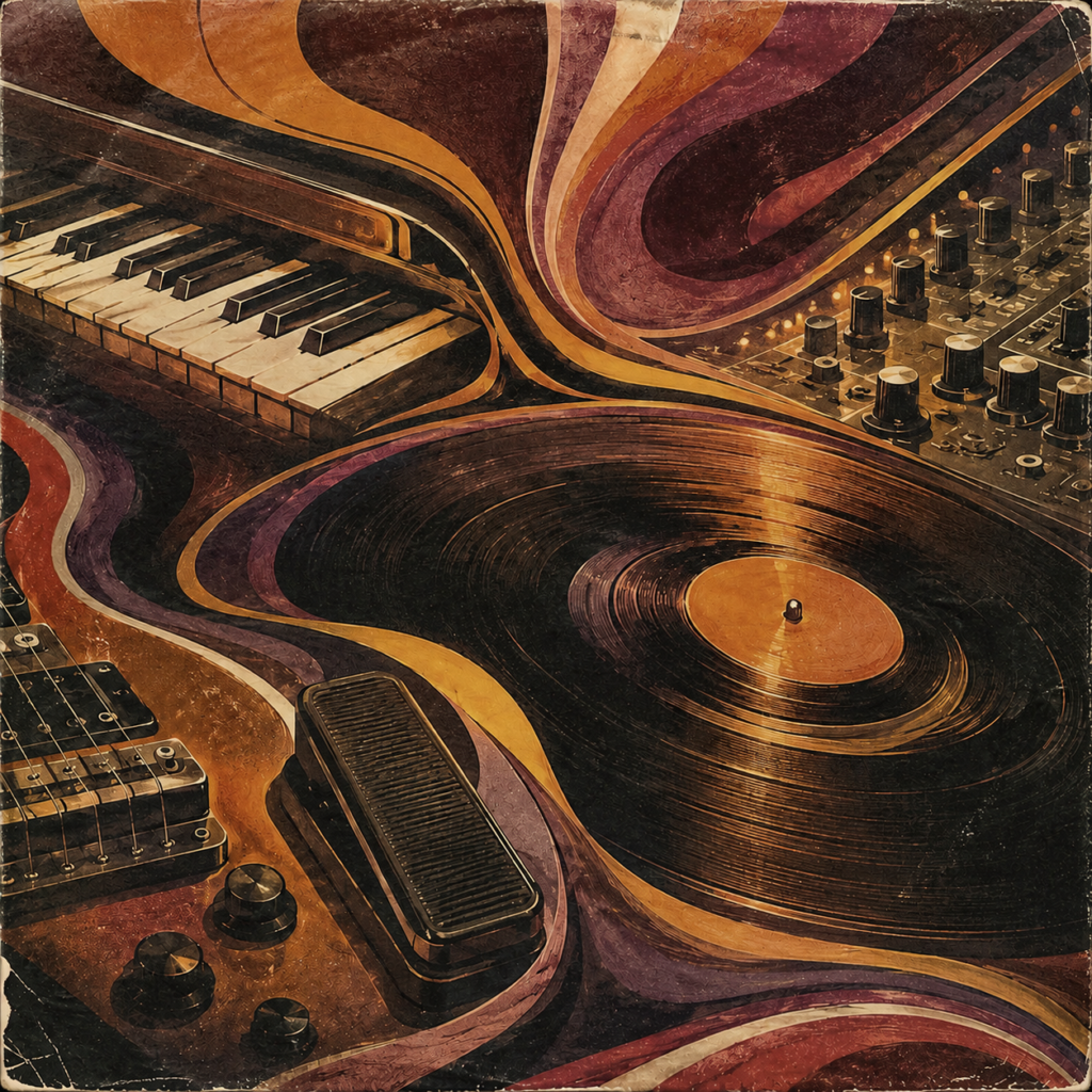Ilustración funk setentera con teclado, guitarra, pedal wah y disco de vinilo
